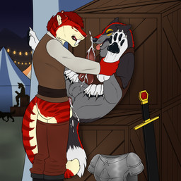 anal anal_orgasm anal_penetration animal_genitalia animal_penis anthro anthro_on_feral anthro_penetrating anthro_penetrating_feral armor balls bestiality big_fangs black_boots black_clothing black_footwear bodily_fluids boots bottomwear bottomwear_down brown_bottomwear brown_clothing brown_pants brown_topwear canine_genitalia canine_penis clothed clothed_feral clothing cum cum_in_ass cum_inside cum_while_penetrated cumshot duo ejaculation erection eyes_closed fangs feral feral_penetrated footwear fur genital_fluids genitals grey_balls grey_body grey_fur hair hands-free interspecies knot knotted_penis looking_pleasured lying male male/male male_on_feral male_penetrated male_penetrating male_penetrating_male markings melee_weapon on_back open_mouth orgasm pants pants_down partially_clothed penetration penile penile_penetration penis penis_in_ass pink_penis quadruped red_body red_fur red_hair red_penis red_tongue sex shoes simultaneous_orgasms spread_legs spreading standing standing_sex striped_markings striped_neck striped_tail stripes sword table_lotus_position tail tail_markings teeth tongue tongue_out topwear weapon white_clothing white_topwear yellow_balls yellow_body yellow_fur killthe_demon angel_(velvetvlade) kage_(faolanwolfsavor) canid canine felid mammal hi_res