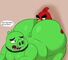 anthro ass_on_face beak beard bent_over big_butt black_eyes bodily_fluids brown_eyes butt butt_grab cross-popping_vein facial_hair feather_hair feathers green_body green_ears green_nose green_skin hair half-closed_eyes hand_on_butt huge_butt looking_at_another looking_back male male/male narrowed_eyes obese obese_anthro obese_male orange_beak overweight overweight_anthro overweight_male pinned pinned_by_butt pinned_to_wall pseudo_hair red_body red_feather_hair red_feathers red_hair size_difference slightly_chubby slightly_chubby_male speech_bubble stinkface sweat text three-quarter_view colossalstars angry_birds rovio_entertainment sega the_angry_birds_movie king_leonard_mudbeard red_(angry_birds) avian domestic_pig mammal pig_(angry_birds) suid suine sus_(pig) 2026 absurd_res digital_media_(artwork) english_text hi_res