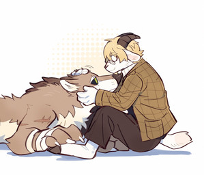 anthro blonde_hair bottomwear brown_body brown_bottomwear brown_clothing brown_ears brown_fur brown_horn brown_jacket brown_pants brown_topwear claws closed_smile clothed clothing duo eyes_closed fur hair head_tuft headpat horn jacket lying male mouth_closed nude on_front pants pink_inner_ear side_view simple_background sitting smile topwear tuft unsigned white_body white_claws white_ears white_fur white_inner_ear asnnonaka charlie_jr._(asnnonaka) reem_(asnnonaka) bovid canid canine canis caprine goat mammal wolf hi_res