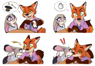 anthro bent_over clock directional_arrow duo electronics exclamation_point female furniture gesture green_eyes hand_gesture kiss_on_lips kissing magician_hat male male/female motion_lines necktie phone phone_screen pointing purple_eyes ring scut_tail short_tail speech_bubble stopwatch table tail wand watch bl394 disney zootopia judy_hopps nick_wilde canid canine european_rabbit fox lagomorph leporid mammal oryctolagus rabbit red_fox true_fox absurd_res comic hi_res
