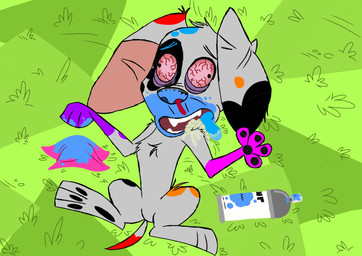 black_spots blood bloodshot_eyes blue_spots bodily_fluids eye_patch_(marking) facial_markings female feral floppy_ears foaming_at_mouth fur grass head_markings kerchief markings neckerchief neckwear nightmare_fuel nosebleed paint_can patch_(marking) pawpads pink_kerchief pink_neckerchief plant red_sclera red_spots snuff solo spots substance_intoxication toony white_body white_fur young young_feral unknown_artist 101_dalmatian_street 101_dalmatians disney da_vinci_(101_dalmatians) canid canine canis dalmatian domestic_dog mammal hi_res