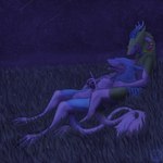 ambiguous_gender anthro blue_body blue_fur cuddling duo fur green_body green_fur horn male night shooting_star sky star starry_sky tail white_body white_fur killergrizzly lex_vasili soul_sergal sergal 1:1 absurd_res hi_res