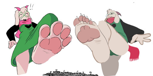 4_toes 5_toes anthro claws extreme_size_difference feet foot_focus group humanoid_feet low-angle_view macro male micro pawpads paws plantigrade size_difference soles toe_claws toes trampling underfoot alwhiteberry rubar deltarune undertale_(series) ralsei hi_res