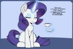 container cup cutie_mark eyes_closed female feral fur hair horn levitation purple_hair sitting smile solo text unicorn_horn white_body white_fur reiduran friendship_is_magic hasbro my_little_pony mythology rarity_(mlp) equid equine mammal mythological_creature mythological_equine unicorn 2016 english_text