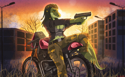 anthro breasts clothed clothing detailed_background dreadlocks female gun hair half-closed_eyes handgun motorcycle narrowed_eyes non-mammal_breasts outside pistol ranged_weapon smile solo sunset trigger_discipline vehicle weapon etsu_cuprumfox zynn lizard reptile scalie hi_res