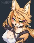 anthro big_breasts blonde_hair breasts choker clothing crop_top eyebrow_through_hair eyebrows eyelashes female fingerless_gloves fur gloves green_eyes hair handwear inner_ear_fluff jewelry necklace ponytail shirt solo topwear translucent translucent_hair tuft white_body white_fur yellow_body yellow_fur abluedeer mihoyo zenless_zone_zero pulchra_fellini felid feline felis mammal thiren 2025 hi_res