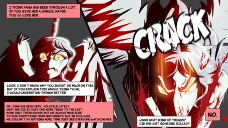 angry anthro biped blood blood_splatter blue_body bodily_fluids elbow_feathers feathered_wings feathers female frown glowing glowing_eyes grey_background grey_body grey_feathers grey_hair hair hands_behind_head long_hair motion_lines onomatopoeia orange_eyes simple_background solo sound_effects text thinking throwing_object wings fuegosonic93 goodbye_volcano_high ko_op_(game_developer) fang_(gvh) prehistoric_species pterosaur reptile scalie 16:9 4k absurd_res colored comic english_text hi_res widescreen