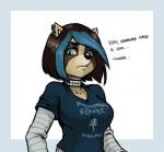 alternative_fashion anthro band_merch blue_eyes breasts clothed clothing collar emo female hair makeup medium_breasts piercing text ricksteubens activision crash_bandicoot_(series) crash_team_racing_(series) crash_team_racing_nitro-fueled my_chemical_romance ami_bandicoot bandicoot mammal marsupial procyonid raccoon english_text