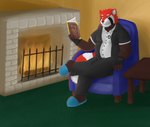 anthro belly chair clothed clothing fireplace footwear furniture male object_in_hand overweight overweight_anthro overweight_male shoes slippers solo table tail nekotthebrave ailurid mammal red_panda kira_(disambiguation) absurd_res hi_res