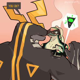ambiguous_gender amused black_body blush bodily_fluids countershading determined dialogue dialogue_box duo green_light hand_on_shoulder horn looking_at_another male markings multicolored_body no_eye onomatopoeia saliva saliva_on_face saliva_on_head size_difference sound_effects speech_bubble steaming tapping_shoulder text two_tone_body white_underside yellow_horn luvamisguilty mythology clover_(luvamisguilty) roadwyrk_(luvamisguilty) animal_humanoid aquatic dragon dragon_humanoid fish humanoid mythological_creature mythological_scalie scalie artist_name hi_res