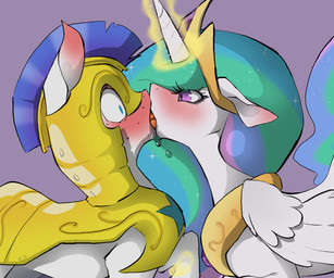blush bodily_fluids duo female feral horn kiss_on_lips kissing looking_at_another male male/female saliva lavenderscent friendship_is_magic hasbro my_little_pony mythology princess_celestia_(mlp) royal_guard_(mlp) equid equine mammal mythological_creature mythological_equine unicorn hi_res