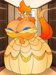 2_tails anthro areola areola_slip big_breasts black_nose blep blue_areola blue_eyes blue_nipples breasts clothed clothing dress female fitting_room fur gown hair hands_together huge_breasts mirror multi_tail nipple_outline nipples orange_body orange_fur orange_hair pink_tongue shelf smile solo tail tongue tongue_out yellow_clothing yellow_dress punch_pubby beauty_and_the_beast disney nintendo pokemon bella_the_buizel buizel generation_4_pokemon mammal mustelid otter pokemon_(species) 3:4 absurd_res hi_res