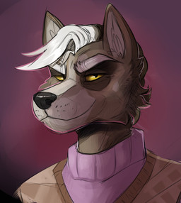 anthro brown_body brown_fur cheek_tuft closed_smile clothed clothing eyebrows facial_tuft front_view fur hair looking_at_viewer male male_anthro mouth_closed narrowed_eyes no_sclera smile solo tuft white_eyebrows white_hair yellow_eyes swampjaws canid canine mammal bust_portrait hi_res portrait