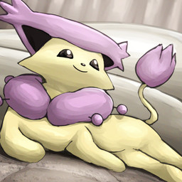 ambiguous_feral ambiguous_gender black_eyes black_inner_ear black_nose cheek_tuft closed_smile ear_tuft facial_tuft featureless_legs feral fur looking_up lying mouth_closed multicolored_body multicolored_fur on_side pupils purple_body purple_ears purple_fur purple_tail purple_tail_tuft quadruped smile solo tail tail_tuft tan_body tan_fur tan_tail tuft two_tone_body two_tone_fur two_tone_tail white_pupils spicyichizo nintendo pokemon delcatty felid feline generation_3_pokemon mammal pokemon_(species) 2026 absurd_res hi_res shaded