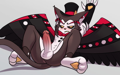 anthro anus balls blush bow_tie bulge clothing erection fangs feet fingers fur genitals hat headgear headwear humanoid_genitalia humanoid_penis looking_at_viewer lying male nude on_back penis simple_background solo spread_legs spreading tail teeth toes top_hat wings thunderlewd hazbin_hotel hellaverse husk_(hazbin_hotel) domestic_cat felid feline felis mammal digital_media_(artwork) hi_res