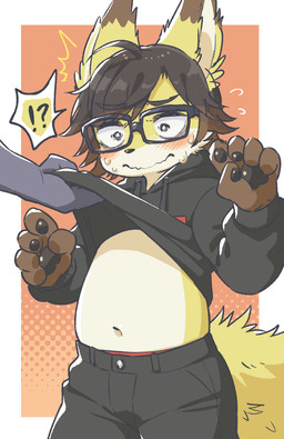 ambiguous_gender anthro belly black_hair blush bodily_fluids border bottomwear brown_hair cheek_tuft clothed clothing clothing_lift duo embarrassed eyewear facial_tuft flying_sweatdrops fur glasses gradient_hair hair halftone_background hoodie hoodie_lift kemono male male/ambiguous multicolored_body multicolored_fur navel outside_border pants pattern_background pawpads simple_background solo_focus surprised sweat sweatdrop sweating_profusely topwear tuft wavy_mouth white_body white_border white_fur yellow_body yellow_fur young young_anthro kuzugitsune canid canine fox mammal digital_media_(artwork) halftone