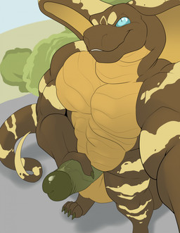 abs anthro balls big_balls blue_eyes claws erection foreshortening foreskin front_view genitals glans green_claws green_glans green_penis high-angle_view holding_penis humanoid_genitalia humanoid_penis long_tail looking_at_viewer looking_up male male_anthro muscular muscular_male nude pecs penis presenting presenting_penis pupils raised_arm retracted_foreskin selfie slit_pupils smile smirk snake_hood snout solo standing tail tan_stripes thick_penis weskers cepheus_(lieutenantskittles) cobra elapid_(snake) king_cobra reptile scalie snake 2023 hi_res