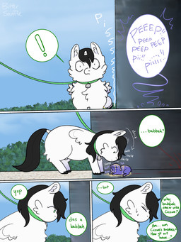 1_horn ambiguous_feral ambiguous_gender animal_genitalia baby_talk black_hair black_hooves black_tail blood bodily_fluids collar confusion dialogue eyes_closed feral fur genital_fluids genitals green_collar green_eyes hair hooves horn inner_ear_fluff leash leashed_collar male male_feral monotone_body monotone_fur neonate outside pained_expression peeing plant purple_body sheath side_view sky surprised tail text tuft urine urine_on_body urine_on_face wetting white_body white_fur white_wings wings young young_ambiguous young_feral bittersouffle fluffy_pony mythology cicero_(bittersouffle) equid equine fluffy_pony_(species) mammal mythological_creature mythological_equine winged_unicorn 2026 absurd_res comic digital_media_(artwork) english_text hi_res