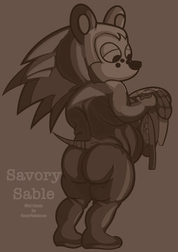 anthro apron big_breasts big_butt breasts brown_body butt clothing female freckles mouthless nude overweight rear_view side_boob simple_background slightly_chubby small_comic solo spines tail tired_eyes amespinkinson animal_crossing nintendo sable_able eulipotyphlan hedgehog mammal absurd_res cover cover_art cover_page hi_res monochrome
