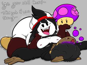afro anthro armwear asking_another backwards_hat big_butt bite_mark black_clothing black_hair black_hoodie black_shirt black_topwear brown_body brown_fur bubble butt clothed clothed_anthro clothed_male clothing dialogue duo elbow_gloves fingerless_gloves fungus fur gloves grey_background hair handwear hat headgear headwear hoodie huge_butt legwear lying male motion_lines mushroom nipples on_back on_top_of_another open_mouth open_smile pecs pink_tongue purple_mushroom red_armwear red_clothing red_elbow_gloves red_gloves red_handwear red_legwear red_nose red_thigh_highs shirt simple_background smile snaggle_tooth substance_intoxication talking_to_another teeth text thigh_highs tongue topwear white_body white_clothing white_hat white_headwear hyenakenisis mario_bros nintendo pokemon ty_kenisis boo_(mario) generation_3_pokemon pokemon_(species) poochyena 4:3 english_text