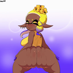anus big_butt blonde_hair blue_background blush bottomless bouncing_breasts bouncing_butt breasts butt clothed clothing dark_body dark_skin ear_piercing eyelashes female genitals hair huge_butt humanoid_pointy_ears looking_at_viewer looking_back looking_back_at_viewer narrowed_eyes piercing pointy_ears pseudo_hair purple_anus rear_view short_hair simple_background smile solo tentacle_hair tentacles thick_thighs topwear twerking vulva white_background wide_hips yellow_clothing yellow_eyes yellow_topwear bodyattk nintendo splatoon frye_(splatoon) animal_humanoid aquatic aquatic_humanoid cephalopod cephalopod_humanoid humanoid inkling mollusk mollusk_humanoid squid_humanoid 1:1 animated