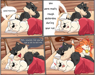 after_sex angry annoyed anthro bedroom blush cat_tail dialogue embarrassed group heart_symbol humor inside interspecies male male/male morning muscular muscular_male nude sharing_bed size_difference slightly_chubby smug speech_bubble text top_heavy trio wall_(structure) wood wood_wall ugly-rat15508 jess_(ugly-rat15508) raymond_(ugly-rat15508) terrence_(ugly-rat15508) canid canine felid feline mammal comic english_text hi_res