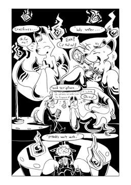 anthro bible_(object) bible_verse blush bodily_fluids breasts christian_cross christian_symbol clothing cross crucifix dialogue duo female holy_water leaf male multi_tail pole religion religious_symbol scared shirt strip_club stripper_pole sweat tail text topwear water wet wet_clothing wet_shirt wet_topwear dragonweirdo christianity equid equine fox_spirit ghost mammal spirit absurd_res comic english_text hi_res