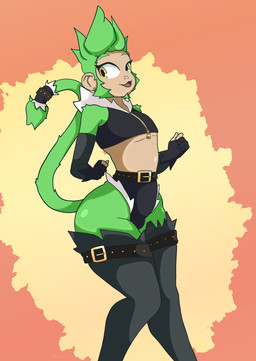 anthro belt big_butt bulge butt clothing femboy fur gloves green_body green_fur green_hair hair handwear male midriff simple_background smile solo thick_thighs zipper tyler_3d_(artist) haplorhine humanoid mammal monkey primate absurd_res hi_res