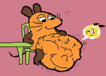 abdominal_bulge ambiguous_anthro ambiguous_gender ambiguous_pred anthro anthro_pred anthro_prey belly belly_on_ground big_belly biped black_ear_tips black_nose black_tail black_whiskers blonde_hair blush blush_lines brown_body brown_fur chair cheek_blush cheek_spots closed_frown closed_smile cutaway dipstick_ears ear_markings face_imprint foot_imprint frown fully_inside fur furniture green_chair hair hand_imprint hand_on_belly hand_on_own_belly heart_reaction heart_symbol huge_belly imprint looking_at_belly looking_at_own_belly looking_at_self looking_down looking_down_at_belly looking_down_at_self markings monotone_arms monotone_background monotone_belly monotone_face monotone_hair monotone_legs monotone_tail motion_lines mouth_closed multicolored_body multicolored_ears multicolored_fur narrowed_eyes on_chair orange_arms orange_belly orange_body orange_ears orange_face orange_fur orange_legs pink_background rumbling_stomach same_size_vore simple_background sitting sitting_on_chair sitting_on_ground smile soft_vore solo tail thin_tail two_tone_body two_tone_fur unseen_prey vore whiskers yellow_body yellow_ears yellow_fur meatcanister die_sendung_mit_der_maus nintendo pokemon daniel_(meatcanister) mouse_(dsmdm) generation_1_pokemon mammal mouse murid murine pikachu pokemon_(species) rodent 2026 digital_media_(artwork) english_description full-length_portrait pixel_(artwork) portrait