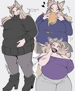 5_fingers alternate_species blue_eyes blush boots breasts burger clothed clothing eating female fingers food footwear grey_background hair heart_symbol high_heeled_boots high_heels holding_burger holding_food holding_object humanized open_mouth overweight overweight_female overweight_humanoid shoes simple_background solo sweater tail tan_hair topwear mochimochiland meg_(suda) animal_humanoid canid canid_humanoid canine canine_humanoid human humanoid mammal mammal_humanoid hi_res signature