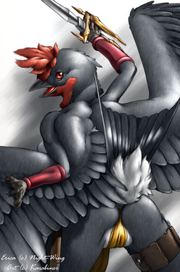 anthro beak biped bottomwear bracelet breasts butt button_(fastener) camel_toe claws clothing dagger feathered_wings feathers female fur grey_background grey_body grey_feathers head_tuft holding_melee_weapon holding_object holding_sword holding_weapon jewelry loincloth looking_at_viewer looking_back melee_weapon non-mammal_breasts open_mouth panties red_eyes scabbard side_boob simple_background solo standing sword tail tail_feathers tail_tuft tongue tuft underwear weapon wings karabiner avian bird hi_res