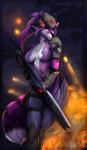 anthro armor big_breasts biped black_nose breasts chest_tuft cleavage clothed clothing cosplay costume female fire fluffy fluffy_tail fur gun hair holster looking_at_viewer purple_body purple_eyes purple_fur purple_hair ranged_weapon rifle silly skinsuit smile sniper solo standing suit tail tight_clothing tuft unconvincing_armor weapon white_body white_fur omesore blizzard_entertainment overwatch selene_leni widowmaker_(overwatch) canid canine canis fox mammal wolf crossover digital_media_(artwork) hi_res shaded