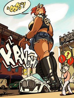 alternative_fashion anthro antifa big_breasts breasts car city city_background cityscape clock clothed clothing ear_piercing gynomorph intersex iron_front larger_gynomorph larger_intersex macro oil outside piercing property_damage size_difference solo speech_bubble standing stepping text three_arrows_(symbol) vehicle watch wristwatch gimmemysmokes bmw mythology dragon mythological_creature mythological_scalie scalie 2026 english_text hi_res signature