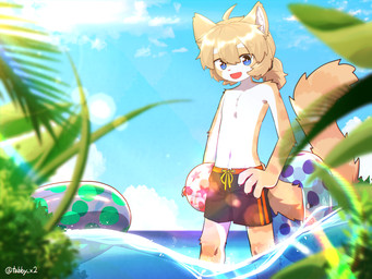 anthro bangs biped blue_eyes claws clothed clothing cloud countershade_fur countershade_legs countershade_torso countershading fingers fur hair hair_between_eyes inflatable kemono male open_mouth open_smile partially_submerged plant smile solo tail topless topless_anthro topless_male water young young_anthro young_male tabby_x2 tabby_(tabby_x2) domestic_cat felid feline felis mammal tabby_cat 4:3 absurd_res hi_res