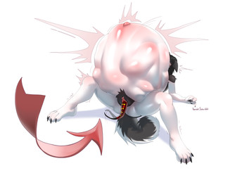 abdominal_bulge anthro belly blush bodily_fluids butt cum cum_in_vagina cum_inside duo erection fur genital_fluids genitals hair herm impregnation intersex intersex/male male male/male maleherm navel nude ovum penetration penis simple_background sperm_cell tail tongue unbirthing vaginal vaginal_penetration vore vulva white_body karoshi_satan servo canid canine canis domestic_dog hybrid mammal absurd_res digital_media_(artwork) hi_res