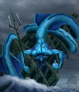 apode blue_body blue_eyes blue_hair hair halo legless long_body long_hair male melee_weapon polearm ruins sea serpentine solo trident water weapon notnaloww animal_humanoid aquatic aquatic_humanoid deity draconcopode humanoid sea_monster absurd_res hi_res