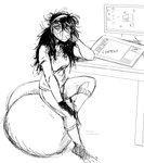 accessory anthro ball barefoot clothed clothing computer desk drawing_tablet electronics exercise_ball eyewear feet female furniture glasses hair hair_accessory looking_at_viewer messy_hair sitting sitting_on_ball solo table tablet tablet_pen text hladilnik marylin_(hladilnik) american_opossum mammal marsupial 2021 black_and_white english_text hi_res monochrome