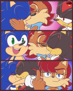 anthro bisexual black_body blue_body blue_eyes blue_fur blush brown_body brown_fur clothing eyes_closed female fur gesture gloves group hair half-closed_eyes hand_gesture handwear kissing looking_at_viewer male male/female male/male middle_finger narrowed_eyes open_mouth polyamory simple_background smile teeth trio ladycherrybomba archie_comics ot3_kiss_(meme) sega sonic_the_hedgehog_(archie) sonic_the_hedgehog_(comics) sonic_the_hedgehog_(series) sally_acorn shadow_the_hedgehog sonic_the_hedgehog chipmunk eulipotyphlan ground_squirrel hedgehog mammal rodent sciurid comic digital_media_(artwork) hi_res meme