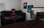 breasts casting_couch cleavage clothed clothing desk electronics female furniture keyboard midriff monitor not_furry sitting solo table garwaron aeridiccore_(modeler) goat_vr helluva_boss millie_(helluva_boss) humanoid 3d_(artwork) digital_media_(artwork) hi_res