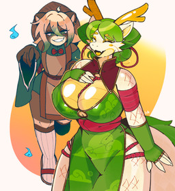 anthro big_breasts blush breasts brown_body brown_fur cleavage clothed clothing dress duo female femboy fur hair horn huge_breasts larger_female looking_at_breasts male male/female piercing simple_background size_difference smaller_male smile stalking tail thick_thighs wide_hips zong-ji hachikxma mythology hachi_(hachikxma) canid canine dragon mammal mythological_creature mythological_scalie raccoon_dog scalie spirit tanuki digital_media_(artwork) hi_res
