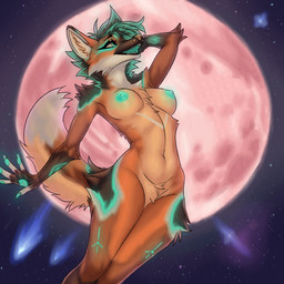 anthro border breasts brown_body brown_fur brown_hair cosmos exposed_breasts eye_markings female finished floating fur fur_markings glowing glowing_body glowing_fur glowing_hair glowing_hair_tips glowing_markings glowing_nipples glowing_pawpads grey_border hair long_tail makeup markings moon nipples nude orange_body orange_fur pawpads pink_moon solo space star tail teal_pawpads turquoise_hair turquoise_hair_tips turquoise_mouth turquoise_nipples white_body white_fur alexen_0 jakkuu canid canine mammal maned_wolf 1:1 absurd_res digital_drawing_(artwork) digital_media_(artwork) hi_res shaded sketch