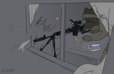 accessory anthro bullet clothing furniture green_headband gun headband holding_sniper_rifle male military_uniform onomatopoeia ranged_weapon rifle shooting sniper_rifle solo sound_effects table text uniform weapon window bravobunny bravo_(bravobunny) bear mammal artist_name hi_res