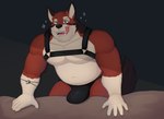 anthro belly bulge fur male red_body red_fur solo acario_(artist) echo_(game) echo_(series) echo_project leo_alvarez canid canine canis mammal wolf absurd_res hi_res