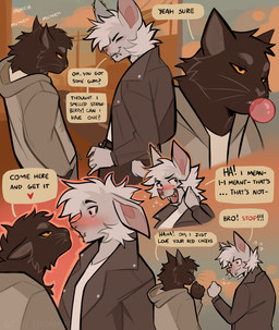 anthro anthro_on_anthro black_body black_fur blush bubble_gum clothed clothing dialogue duo ear_piercing ear_ring eyebrows facial_piercing fangs fur interspecies lip_piercing male male/male nose_piercing nose_ring piercing ring_piercing snakebite_piercing speech_bubble teeth text whiskers ramahuro jax_(ramahuro) simon_(ramahuro) bat domestic_cat felid feline felis mammal absurd_res comic english_text hi_res