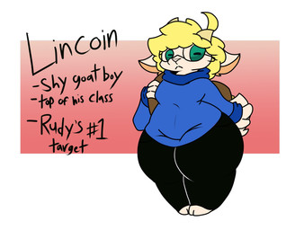 anthro backpack black_bottomwear black_clothing black_pants blonde_hair blue_clothing blue_shirt blue_topwear bottomwear clothing fur green_eyes hair horizontal_pupils male pants pupils shirt shortstack shortstack_male solo tan_body tan_fur text thick_thighs topwear wide_hips rudegunner1299 lincoln_(rudegunner1299) bovid caprine goat mammal english_text hi_res model_sheet