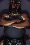 4_ears anthro arm_hair arm_tuft bandage bandage_on_face bandage_on_nose barazoku beard belly belt biceps black_bottomwear black_clothing black_hair black_pants black_shirt black_tank_top black_topwear body_hair bottomwear chain_necklace chest_hair clothing crossed_arms ear_piercing ear_tuft elbow_tuft facial_hair facial_piercing forearm_hair forearm_muscles forearms grey_hair greying_hair grin grinning_at_viewer hair hairy jewelry leather leather_bottomwear leather_clothing leather_pants looking_at_viewer male manly mature_male multi_ear multicolored_hair muscular muscular_arms mustache necklace nose_piercing nose_ring pants piercing ring_(jewelry) ring_piercing shadow shirt shoulder_hair simple_background slightly_chubby smile smiling_at_viewer solo tail_hair tank_top topwear triceps tuft two_tone_hair allmand52 mythology dragon hybrid mammal mythological_creature mythological_scalie scalie suid suine sus_(pig) wild_boar 2025 hi_res watermark
