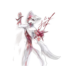 blood bodily_fluids clothing fangs gore knife looking_at_viewer male open_mouth panties self-harm simple_background smile solo tail teeth underwear white_background white_body linye canid canine mammal 1:1 absurd_res hi_res
