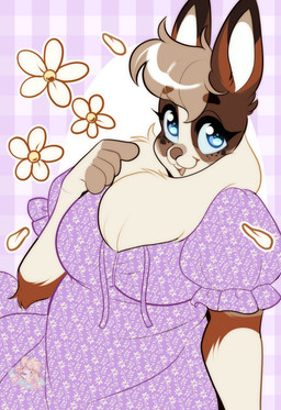abstract_background anthro blue_eyes brown_body brown_fur clothed clothing dress eyelashes female flower fluffy fur looking_at_viewer neck_tuft open_mouth open_smile plant purple_clothing purple_dress smile solo tuft ferwanwan lagomorph leporid mammal rabbit 2023 character_request hi_res