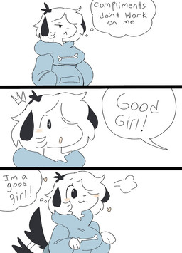 :3 :< :o anthro black_ears black_tail blue_clothing blue_hoodie blue_topwear blush bone clothing cross_pupils dialogue excited female fur good_girl grumpy hair hair_over_eye hand_in_pocket happy heart_symbol hoodie humor monotone_body monotone_fur neck_tuft one_eye_obstructed open_mouth pockets pupils simple_background solo speech_bubble surprised symbol-shaped_pupils tail tail_motion tailwag text tomboy topwear tuft unusual_pupils white_background white_body white_fur white_hair puppkittyfan1 pepper_(fawnpawss) canid canine canis domestic_dog mammal comic digital_media_(artwork) english_text hi_res meme