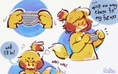 anthro blush bottomwear clothing convenient_censorship dialogue female holding_clothing holding_object holding_panties holding_underwear nude nude_female panties pattern_bottomwear pattern_clothing pattern_panties pattern_underwear solo steam striped_bottomwear striped_clothing striped_panties striped_underwear stripes tail tail_motion tailwag underwear panken animal_crossing nintendo isabelle_(animal_crossing) canid canine canis domestic_dog mammal shih_tzu toy_dog hi_res